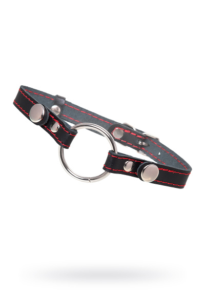 Кляп ""Кольцо 39 мм"" с красной строчкой Pecado BDSM, натуральная кожа, черный